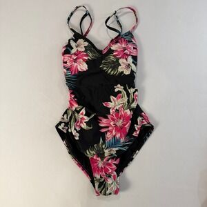 Kona Sol‎ Black Floral One Piece Swimsuit Women's Size S Strappy Back